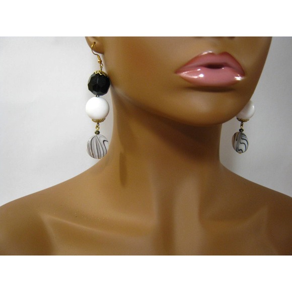 Mega White Black Retro style vintage Beaded Crystal accent 3 inch Drop Earrings - Picture 8 of 8